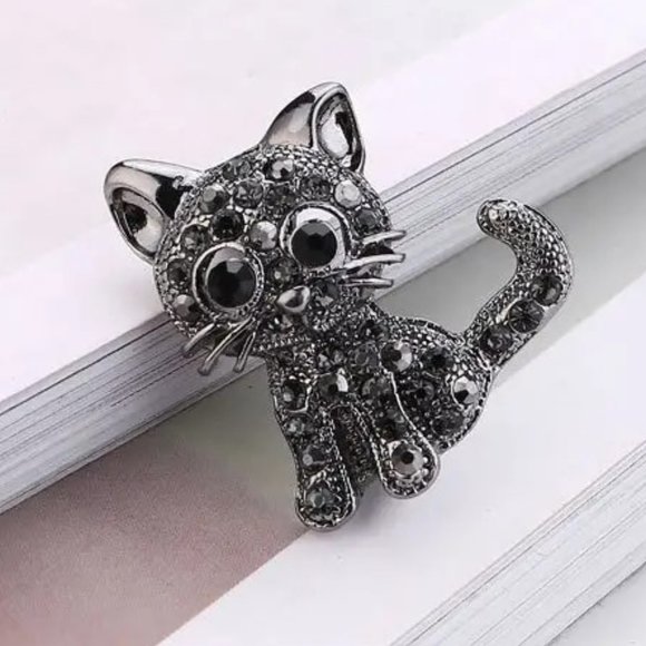 Cat Brooch Rhinestone Kitten Pin Black Silver Sparkle Scarf Hat Coat NEW GIFT - Picture 1 of 6